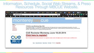 Information, Schedule, Social Web Streams, & Preso
Resources Through MBCUE Website.
 