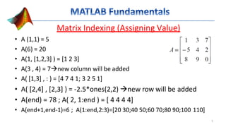 Matrix Indexing (Assigning Value)
• A (1,1) = 5
• A(6) = 20
• A(1, [1,2,3] ) = [1 2 3]
• A(3 , 4) = 7new column will be added
• A( [1,3] , : ) = [4 7 4 1; 3 2 5 1]
• A( [2,4] , [2,3] ) = -2.5*ones(2,2) new row will be added
• A(end) = 78 ; A( 2, 1:end ) = [ 4 4 4 4]
• A(end+1,end-1)=6 ; A(1:end,2:3)=[20 30;40 50;60 70;80 90;100 110]
5
 