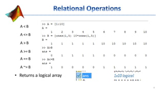 A < B
A <= B
A > B
A >= B
A == B
A ~= B
• Returns a logical array
8
 