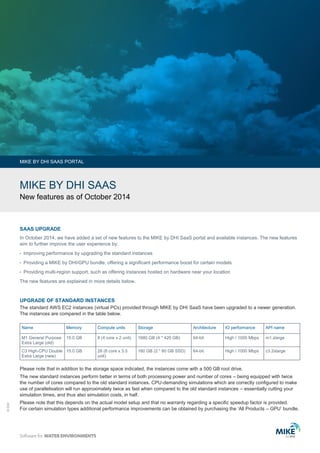 © DHI 
MIKE BY DHI SAAS 
New features as of October 2014 
In October 2014, we have added a set of new features to the MIKE by DHI SaaS portal and available instances. The new features 
aim to further improve the user experience by: 
 Improving performance by upgrading the standard instances 
 Providing a MIKE by DHI/GPU bundle, offering a significant performance boost for certain models 
 Providing multi-region support, such as offering instances hosted on hardware near your location 
The new features are explained in more details below. 
SAAS UPGRADE 
UPGRADE OF STANDARD INSTANCES 
The standard AWS EC2 instances (virtual PCs) provided through MIKE by DHI SaaS have been upgraded to a newer generation. 
The instances are compared in the table below. 
MIKE BY DHI SAAS PORTAL 
Name Memory Compute units Storage Architecture IO performance API name 
M1 General Purpose 
Extra Large (old) 
15.0 GB 8 (4 core x 2 unit) 1680 GB (4 * 420 GB) 64-bit High / 1000 Mbps m1.xlarge 
C3 High-CPU Double 
Extra Large (new) 
15.0 GB 28 (8 core x 3.5 
unit) 
160 GB (2 * 80 GB SSD) 64-bit High / 1000 Mbps c3.2xlarge 
Please note that in addition to the storage space indicated, the instances come with a 500 GB root drive. 
The new standard instances perform better in terms of both processing power and number of cores – being equipped with twice 
the number of cores compared to the old standard instances. CPU-demanding simulations which are correctly configured to make 
use of parallelisation will run approximately twice as fast when compared to the old standard instances – essentially cutting your 
simulation times, and thus also simulation costs, in half. 
Please note that this depends on the actual model setup and that no warranty regarding a specific speedup factor is provided. 
For certain simulation types additional performance improvements can be obtained by purchasing the ‘All Products – GPU’ bundle. 
 