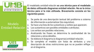 Modelo
Entidad-Relación
El modelado entidad-relación es una técnica para el modelado
de datos utilizando diagramas entidad relación. No es la única
técnica pero sí la más utilizada. Brevemente consiste en los
siguientes pasos:
1. Se parte de una descripción textual del problema o sistema
de información a automatizar (los requisitos).
2. Se hace una lista de los sustantivos y verbos que aparecen.
3. Los sustantivos son posibles entidades o atributos.
4. Los verbos son posibles relaciones.
5. Analizando las frases se determina la cardinalidad de las
relaciones y otros detalles.
6. Se elabora el diagrama (o diagramas) entidad-relación.
7. Se completa el modelo con listas de atributos y una
descripción de otras restricciones que no se pueden reflejar
en el diagrama.
 