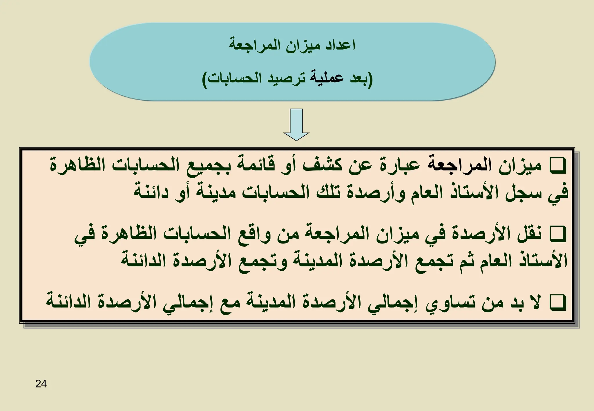 24

‫ميزان‬
‫المراجعة‬
‫الظاهرة‬ ‫الحسابات‬ ‫بجميع‬ ‫قائمة‬ ‫أو‬ ‫كشف‬ ‫عن‬ ‫عبارة‬
‫دائنة‬ ‫أو‬ ‫مدينة‬ ‫الحسابات‬ ‫تلك‬ ‫وأرصدة‬ ‫العام‬ ‫األستاذ‬ ‫سجل‬ ‫في‬

‫في‬ ‫الظاهرة‬ ‫الحسابات‬ ‫واقع‬ ‫من‬ ‫المراجعة‬ ‫ميزان‬ ‫في‬ ‫األرصدة‬ ‫نقل‬
‫الدائنة‬ ‫األرصدة‬ ‫وتجمع‬ ‫المدينة‬ ‫األرصدة‬ ‫تجمع‬ ‫ثم‬ ‫العام‬ ‫األستاذ‬

‫الدائنة‬ ‫األرصدة‬ ‫إجمالي‬ ‫مع‬ ‫المدينة‬ ‫األرصدة‬ ‫إجمالي‬ ‫تساوي‬ ‫من‬ ‫بد‬ ‫ال‬
‫المراجعة‬ ‫ميزان‬ ‫اعداد‬
(
‫بعد‬
‫عملية‬
‫الحسابات‬ ‫ترصيد‬
)
 