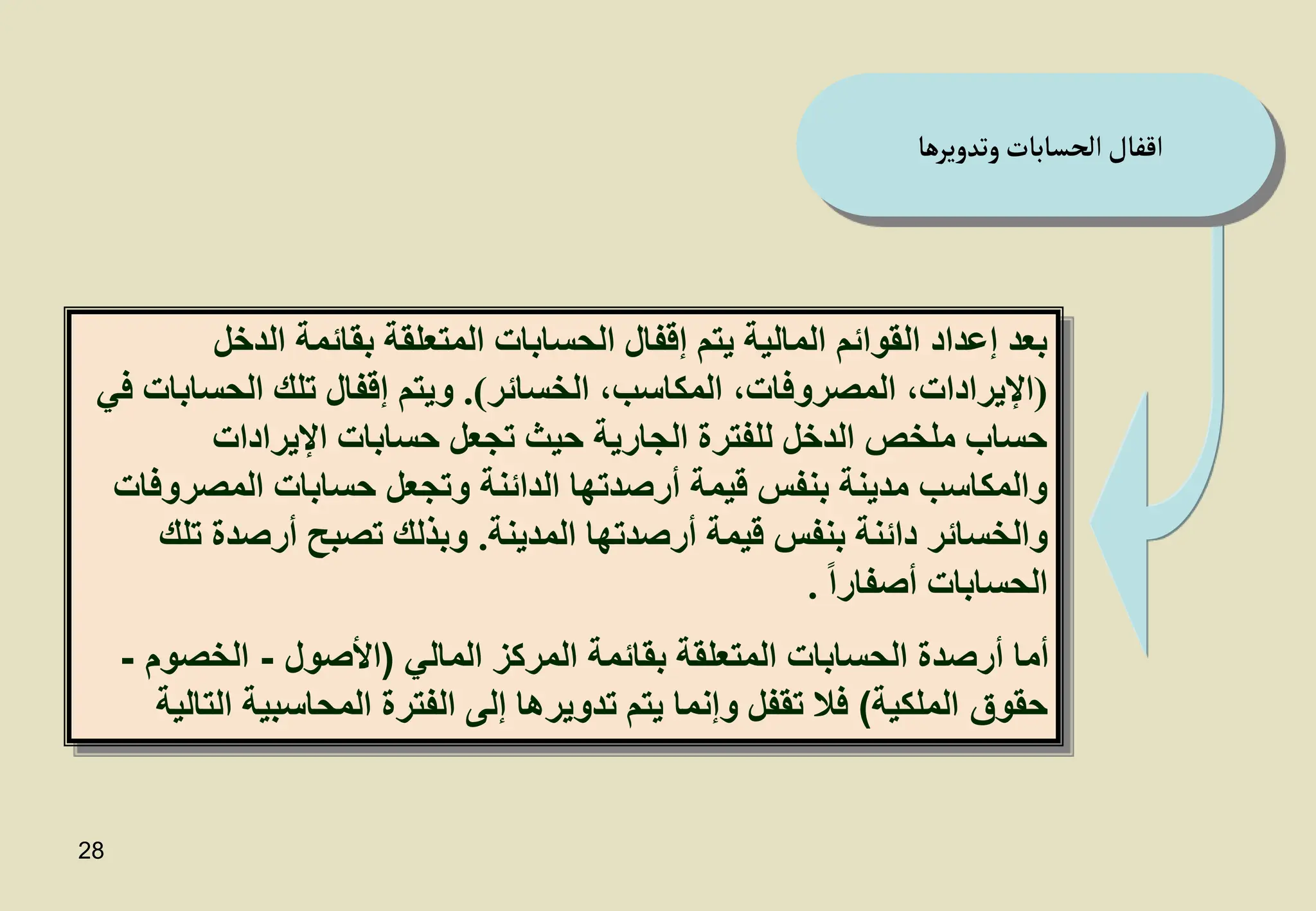 28
‫الدخ‬ ‫بقائمة‬ ‫المتعلقة‬ ‫الحسابات‬ ‫إقفال‬ ‫يتم‬ ‫المالية‬ ‫القوائم‬ ‫إعداد‬ ‫بعد‬
‫ل‬
(
‫الخسائر‬ ،‫المكاسب‬ ،‫المصروفات‬ ،‫اإليرادات‬
.)
‫الحساب‬ ‫تلك‬ ‫إقفال‬ ‫ويتم‬
‫في‬ ‫ات‬
‫اإليرادات‬ ‫حسابات‬ ‫تجعل‬ ‫حيث‬ ‫الجارية‬ ‫للفترة‬ ‫الدخل‬ ‫ملخص‬ ‫حساب‬
‫المصر‬ ‫حسابات‬ ‫وتجعل‬ ‫الدائنة‬ ‫أرصدتها‬ ‫قيمة‬ ‫بنفس‬ ‫مدينة‬ ‫والمكاسب‬
‫وفات‬
‫المدينة‬ ‫أرصدتها‬ ‫قيمة‬ ‫بنفس‬ ‫دائنة‬ ‫والخسائر‬
.
‫أرصدة‬ ‫تصبح‬ ‫وبذلك‬
‫تلك‬
ً‫ا‬‫أصفار‬ ‫الحسابات‬
.
‫المالي‬ ‫المركز‬ ‫بقائمة‬ ‫المتعلقة‬ ‫الحسابات‬ ‫أرصدة‬ ‫أما‬
(
‫األصول‬
-
‫الخصو‬
‫م‬
-
‫الملكية‬ ‫حقوق‬
)
‫ا‬ ‫المحاسبية‬ ‫الفترة‬ ‫إلى‬ ‫تدويرها‬ ‫يتم‬ ‫وإنما‬ ‫تقفل‬ ‫فال‬
‫لتالية‬
‫وتدويرها‬‫الحسابات‬‫اقفال‬
 