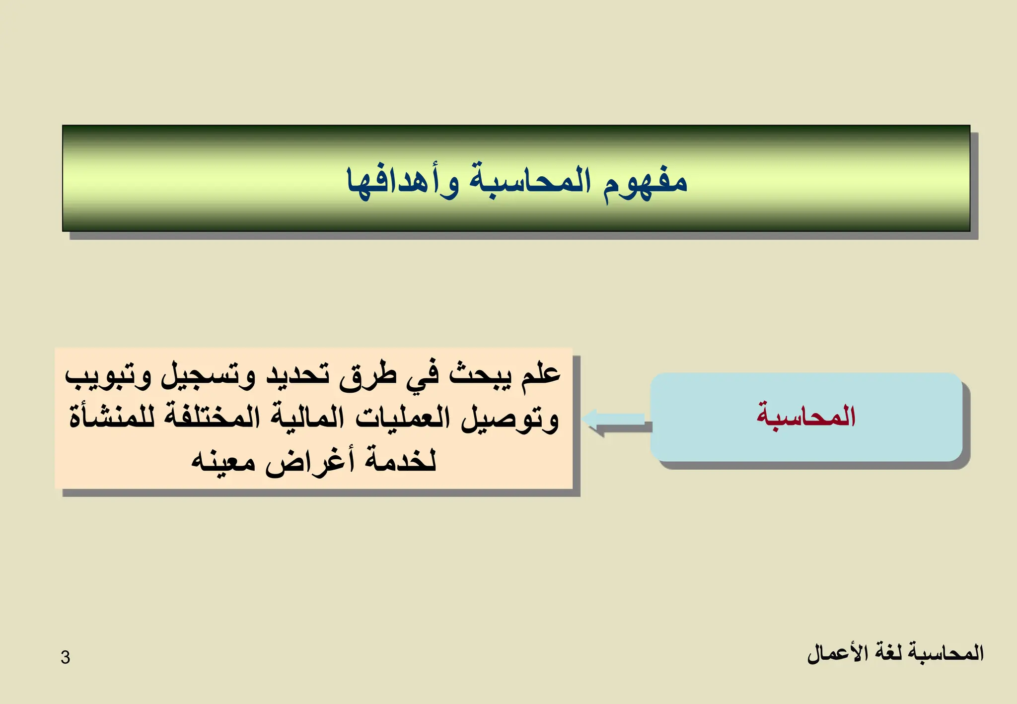 3
‫المحاسبة‬
‫وأهدافها‬ ‫المحاسبة‬ ‫مفهوم‬
‫وت‬ ‫وتسجيل‬ ‫تحديد‬ ‫طرق‬ ‫في‬ ‫يبحث‬ ‫علم‬
‫بويب‬
‫لل‬ ‫المختلفة‬ ‫المالية‬ ‫العمليات‬ ‫وتوصيل‬
‫منشأة‬
‫معينه‬ ‫أغراض‬ ‫لخدمة‬
‫األعمال‬ ‫لغة‬ ‫المحاسبة‬
 