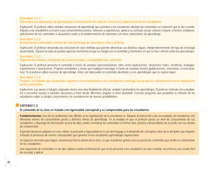 28
Descriptor C.2.1:
Estructura las situaciones de aprendizajes considerando los saberes, intereses y experiencia de los estudiantes.
Explicación: El profesor utiliza variadas situaciones de aprendizaje que permiten a los estudiantes abordar los contenidos en contextos que le den sentido.
Impulsa a los estudiantes a recurrir a sus conocimientos previos, intereses y experiencias, apela a su contexto social, cultural o natural, a hechos cotidianos,
aplicaciones de los contenidos a situaciones reales y al establecimiento de relaciones con otros subsectores de aprendizaje.
Descriptor C.2.2:
Desarrolla los contenidos a través de una estrategia de enseñanza clara y definida.
Explicación: El profesor desarrolla una estructura de clase definida que permite diferenciar sus distintas etapas, independientemente del tipo de estrategia
desarrollada. Durante la clase se pueden apreciar momentos en que se trabaja con el contenido y momentos en que se hace síntesis sobre los aprendizajes.
Descriptor C.2.3:
Implementa variadas actividades de acuerdo al tipo y complejidad del contenido.
Explicación: El profesor presenta el contenido a través de variadas representaciones, tales como explicaciones, situaciones reales, metáforas, analogías,
experimentos e ilustraciones. Propone actividades y tareas que impliquen investigar a través de variadas fuentes (publicaciones, entrevistas, conversacio-
nes). Si el profesor utiliza recursos de aprendizaje, éstos son adecuados al contenido abordado y a los aprendizajes que se espera lograr.
Descriptor C.2.4:
Propone actividades que involucran cognitiva y emocionalmente a los estudiantes y entrega tareas que los comprometen en la exploración
de los contenidos.
Explicación: Las tareas o trabajos asignados tienen una clara finalidad de reforzar, ampliar o profundizar los aprendizajes. El profesor estimula a los estudian-
tes a encontrar nuevas o variadas soluciones y mirar desde diferentes ángulos el tema abordado. Formula preguntas que posibilitan la reflexión de los
estudiantes sobre su propio conocimiento y la consideración de nuevas posibilidades.
CRITERIO C.3:
El contenido de la clase es tratado con rigurosidad conceptual y es comprensible para los estudiantes.
Fundamentación: Uno de los problemas más difíciles en la organización de la enseñanza es: Adaptar la instrucción a las necesidades de estudiantes con
diferentes niveles de conocimiento previo y distintos ritmos de aprendizaje. En la medida en que el profesor posea un nivel de conocimiento de sus
estudiantes o disponga de información acerca de ellos, podrá comunicar los contenidos en forma clara, precisa y desarrollarlos de acuerdo con sus niveles
de comprensión.
Especial relevancia adquiere en este criterio, la precisión y rigurosidad en el uso del lenguaje y el desarrollo de conceptos clave de la disciplina que imparte,
evitando la presencia de errores conceptuales que generen en los estudiantes aprendizajes equivocados.
Un aspecto necesario para lograr consistencia interna dentro de la clase, es que el profesor genere una secuencia de contenidos que facilite la comprensión
de los estudiantes.
Una exposición de contenidos es de alta calidad cuando la información que se les presenta a los estudiantes les hace sentido, les interesa y les resulta fácil
de recordar y aplicar.
 