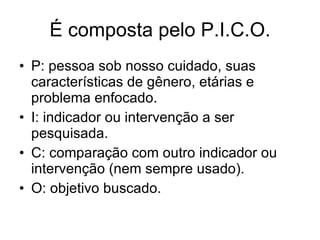 É composta pelo P.I.C.O. P: pessoa sob nosso cuidado, suas características de gênero, etárias e problema enfocado. I: indicador ou intervenção a ser pesquisada. C: comparação com outro indicador ou intervenção (nem sempre usado). O: objetivo buscado. 