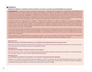 20
CRITERIO A.4:
Organiza los objetivos y contenidos de manera coherente con el marco curricular y las particularidades de sus alumnos.
Fundamentación: Los profesores traducen los Objetivos Fundamentales y Contenidos Mínimos Obligatorios en experiencias de aprendizaje para los
estudiantes por medio de un diseño o planificación de clases. Estas organizaciones se trabajan comúnmente como unidades de aprendizaje, a través de las
cuales se aborda la secuencia de contenidos que se trabajarán en cada disciplina en un año escolar. Este tipo de organización es utilizada por ejemplo por
los programas de estudio oficiales del MINEDUC. La organización de una instrucción coherente se puede evidenciar en un plan de varias semanas, ya que
esto permite que los profesores demuestren su habilidad en la organización secuencial de actividades para comprometer a los estudiantes en el aprendizaje,
para seleccionar distintos tipos de estrategias, utilizar materiales de manera adecuada y distribuir el tiempo de manera razonable.
Un elemento esencial de la organización de los objetivos y contenidos para la enseñanza es la creación o adaptación de una serie de actividades de
aprendizaje dentro de una unidad. Esta secuencia debe tener una lógica y ser consistente. Las actividades deben, además, ser adecuadas a los estudiantes
en términos de su edad, conocimientos e intereses. Las actividades deben ser variadas, demostrando muchas formas de involucrar a los estudiantes en el
mismo contenido. Por ejemplo, el trabajo en grupos, con entrega de informes, puede ser una aproximación efectiva, pero si se transforma en una estrategia
permanente puede ser tediosa o poco desafiante.
Uno de los aspectos esenciales de la organización que debe realizar el profesor es que sus unidades tengan una estructura bien definida, aunque el conjunto
se sustenta en actividades específicas, cada una de ellas debe jugar un rol importante y el total de ellas ser coherente. Parte de su calidad tendrá como factor
el que los tiempos que se asignen a cada actividad sean razonables, con oportunidades para que los alumnos se involucren en la reflexión y den tiempo para
realizar cierres o conclusiones.
Permiten además que las diferentes partes de una unidad se conecten con las otras, de manera que los alumnos sean expuestos a situaciones de
aprendizaje donde pueden explorar los temas desde diferentes ángulos y pueden comprender la relación de las partes con el todo.
Descriptor A.4.1:
Elabora secuencias de contenidos coherentes con los objetivos de aprendizaje del marco curricular nacional.
Explicación: El profesor organiza secuencias de contenidos coherentes con el currículum nacional de las disciplinas que enseña. Las secuencias de conte-
nidos progresan de manera coherente, produciendo una globalidad unificada.
Descriptor A.4.2:
Considera las necesidades e intereses educativos de sus alumnos.
Explicación: El profesor conoce y selecciona actividades de aprendizaje adecuadas a las edades de sus alumnos y sus intereses. Las actividades propues-
tas son variadas y abordan un mismo contenido desde diferentes perspectivas.
Descriptor A.4.3:
Las actividades de enseñanza son coherentes con el contenido y adecuadas al tiempo disponible.
Explicación: Los materiales y recursos utilizados apoyan los objetivos y contenidos. La estructura del conjunto de actividades propuesto para un contenido
es clara. La secuencia de actividades es coherente con los aprendizajes que se espera lograr, es decir, incluye comprensión conceptual, habilidades y
competencias. Las actividades planeadas son adecuadas al tiempo para el cual fueron creadas.
libro.pmd 12/26/08, 4:54 PM
20
 