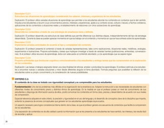 28
Descriptor C.2.1:
Estructura las situaciones de aprendizajes considerando los saberes, intereses y experiencia de los estudiantes.
Explicación: El profesor utiliza variadas situaciones de aprendizaje que permiten a los estudiantes abordar los contenidos en contextos que le den sentido.
Impulsa a los estudiantes a recurrir a sus conocimientos previos, intereses y experiencias, apela a su contexto social, cultural o natural, a hechos cotidianos,
aplicaciones de los contenidos a situaciones reales y al establecimiento de relaciones con otros subsectores de aprendizaje.
Descriptor C.2.2:
Desarrolla los contenidos a través de una estrategia de enseñanza clara y definida.
Explicación: El profesor desarrolla una estructura de clase definida que permite diferenciar sus distintas etapas, independientemente del tipo de estrategia
desarrollada. Durante la clase se pueden apreciar momentos en que se trabaja con el contenido y momentos en que se hace síntesis sobre los aprendizajes.
Descriptor C.2.3:
Implementa variadas actividades de acuerdo al tipo y complejidad del contenido.
Explicación: El profesor presenta el contenido a través de variadas representaciones, tales como explicaciones, situaciones reales, metáforas, analogías,
experimentos e ilustraciones. Propone actividades y tareas que impliquen investigar a través de variadas fuentes (publicaciones, entrevistas, conversacio-
nes). Si el profesor utiliza recursos de aprendizaje, éstos son adecuados al contenido abordado y a los aprendizajes que se espera lograr.
Descriptor C.2.4:
Propone actividades que involucran cognitiva y emocionalmente a los estudiantes y entrega tareas que los comprometen en la exploración
de los contenidos.
Explicación: Las tareas o trabajos asignados tienen una clara finalidad de reforzar, ampliar o profundizar los aprendizajes. El profesor estimula a los estudian-
tes a encontrar nuevas o variadas soluciones y mirar desde diferentes ángulos el tema abordado. Formula preguntas que posibilitan la reflexión de los
estudiantes sobre su propio conocimiento y la consideración de nuevas posibilidades.
CRITERIO C.3:
El contenido de la clase es tratado con rigurosidad conceptual y es comprensible para los estudiantes.
Fundamentación: Uno de los problemas más difíciles en la organización de la enseñanza es: Adaptar la instrucción a las necesidades de estudiantes con
diferentes niveles de conocimiento previo y distintos ritmos de aprendizaje. En la medida en que el profesor posea un nivel de conocimiento de sus
estudiantes o disponga de información acerca de ellos, podrá comunicar los contenidos en forma clara, precisa y desarrollarlos de acuerdo con sus niveles
de comprensión.
Especial relevancia adquiere en este criterio, la precisión y rigurosidad en el uso del lenguaje y el desarrollo de conceptos clave de la disciplina que imparte,
evitando la presencia de errores conceptuales que generen en los estudiantes aprendizajes equivocados.
Un aspecto necesario para lograr consistencia interna dentro de la clase, es que el profesor genere una secuencia de contenidos que facilite la comprensión
de los estudiantes.
Una exposición de contenidos es de alta calidad cuando la información que se les presenta a los estudiantes les hace sentido, les interesa y les resulta fácil
de recordar y aplicar.
libro.pmd 12/26/08, 4:54 PM
28
 