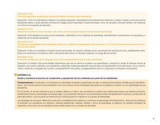 31
Descriptor C.5.2:
Formula preguntas y problemas y concede el tiempo necesario para resolverlos.
Explicación: Invita a los estudiantes a elaborar sus propias respuestas, desarrollando así el pensamiento autónomo y creativo. Acepta y promueve que los
estudiantes utilicen a veces períodos de tiempo en indagar, buscar respuestas a través del ensayo y error, de consultar a diversas fuentes y de interactuar
con otros en la búsqueda de respuesta.
Descriptor C.5.3:
Aborda los errores no como fracasos, sino como ocasiones para enriquecer el proceso de aprendizaje.
Explicación: Evita penalizar los errores de los estudiantes, utilizándolos como ocasiones de aprendizaje, estimulándolos a fundamentar sus respuestas y a
analizar las de los demás estudiantes.
Descriptor C.5.4:
Orienta a sus estudiantes hacia temáticas ligadas a los objetivos transversales del currículum, con el fin de favorecer su proceso de cons-
trucción de valores.
Explicación: Invita a los estudiantes a analizar temas transversales, sin imponer verdades únicas, escuchando las opiniones de otros, estableciendo seme-
janzas con situaciones conocidas por ellos y retomando estos temas, en diversas ocasiones, a lo largo del año escolar.
Descriptor C.5.5:
Promueve la utilización de un lenguaje oral y escrito gradualmente más preciso y pertinente.
Explicación: El profesor crea oportunidades sistemáticas para que los alumnos socialicen sus aprendizajes y productos a través de diversas formas de
expresión oral y escrita. Estimula a sus estudiantes a desarrollar niveles gradualmente más profundos de procesamiento de la información y de su comuni-
cación a través de un lenguaje oral y escrito, conceptualmente más preciso y progresivamente más rico y adecuado a la situación comunicativa.
CRITERIO C.6:
Evalúa y monitorea el proceso de comprensión y apropiación de los contenidos por parte de los estudiantes.
Fundamentación: La evaluación y el monitoreo son actividades inherentes al aprendizaje; es decir, constituyen herramientas centrales para la retroalimen-
tación, tanto de los avances de los estudiantes como de la eficacia de las actividades propuestas por el profesor en relación con los aprendizajes de sus
estudiantes.
En tal sentido, es de alta importancia que el profesor elabore con ellos o les comunique los criterios que utilizará para evaluar sus diversos productos,
orientándolos hacia los aprendizajes que espera lograr. La comprensión del alumno se ve favorecida al recibir retroalimentación oportuna y constructiva de
parte del profesor o de sus pares de manera tal que constituya para él un aporte en su proceso de aprendizaje.
Las estrategias de evaluación deben dar cuenta de la complejidad de los objetivos y contenidos de aprendizaje. Simultáneamente, dado que los profesores
se enfrentan con estudiantes con distintas y diversas experiencias, intereses, saberes y ritmos de aprendizaje, la utilización de variadas estrategias de
evaluación y devolución de sus resultados hacen posible evaluar en un contexto de diversidad.
libro.pmd 12/26/08, 4:54 PM
31
 
