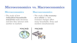 Microeconomics vs. Macroeconomics
Microeconomics
• The study of how
individual households
and firms make decisions
and how...