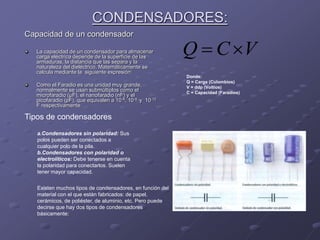 CONDENSADORES:
Capacidad de un condensador
La capacidad de un condensador para almacenar
carga eléctrica depende de la superficie de las
armaduras, la distancia que las separa y la
naturaleza del dieléctrico. Matemáticamente se
calcula mediante la siguiente expresión:
Como el Faradio es una unidad muy grande,
normalmente se usan submúltiplos como el
microfaradio (μF), el nanofaradio (nF) y el
picofaradio (pF), que equivalen a 10-6, 10-9 y 10-12
F respectivamente.
VCQ 
Donde:
Q = Carga (Culombios)
V = ddp (Voltios)
C = Capacidad (Faradios)
Existen muchos tipos de condensadores, en función del
material con el que están fabricados: de papel,
cerámicos, de poliéster, de aluminio, etc. Pero puede
decirse que hay dos tipos de condensadores
básicamente:
a.Condensadores sin polaridad: Sus
polos pueden ser conectados a
cualquier polo de la pila.
b.Condensadores con polaridad o
electrolíticos: Debe tenerse en cuenta
la polaridad para conectarlos. Suelen
tener mayor capacidad.
Tipos de condensadores
 