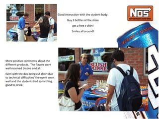Good interaction with the student body:
Buy 3 bottles at the store
get a free t-shirt!
Smiles all around!
More positive comments about the
different products. The flavors were
well received by one and all.
Even with the day being cut short due
to technical difficulties' the event went
well and the students had something
good to drink.
 