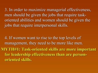 3. In order to maximize managerial effectiveness,3. In order to maximize managerial effectiveness,
men should be given the jobs that require task-men should be given the jobs that require task-
oriented abilities and women should be given theoriented abilities and women should be given the
jobs that require interpersonal skills.jobs that require interpersonal skills.
4. If women want to rise to the top levels of4. If women want to rise to the top levels of
management, they need to be more like men.management, they need to be more like men.
MYTH#1: Task-oriented skills are more importantMYTH#1: Task-oriented skills are more important
for leadership effectiveness than are person-for leadership effectiveness than are person-
oriented skills.oriented skills.
 