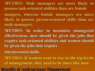MYTH#2: Male managers are more likely toMYTH#2: Male managers are more likely to
possess task-oriented abilities than are femalepossess task-oriented abilities than are female
mangers, whereas female managers are moremangers, whereas female managers are more
likely to possess person-oriented skills than arelikely to possess person-oriented skills than are
male managers.male managers.
MYTH#3: In order to maximize managerialMYTH#3: In order to maximize managerial
effectiveness, men should be given the jobs thateffectiveness, men should be given the jobs that
require task-oriented abilities and women shouldrequire task-oriented abilities and women should
be given the jobs that requirebe given the jobs that require
interpersonal skills.interpersonal skills.
MYTH#4: If women want to rise to the top levelsMYTH#4: If women want to rise to the top levels
of management, they need to be more like men.of management, they need to be more like men.
Benefits of Androgynous ManagementBenefits of Androgynous Management
 