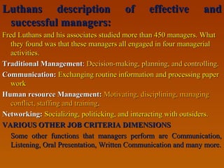 Luthans description of effective andLuthans description of effective and
successful managers:successful managers:
Fred Luthans and his associates studied more than 450 managers. WhatFred Luthans and his associates studied more than 450 managers. What
they found was that these managers all engaged in four managerialthey found was that these managers all engaged in four managerial
activities.activities.
Traditional ManagementTraditional Management:: Decision-making, planning, and controlling.Decision-making, planning, and controlling.
Communication:Communication: Exchanging routine information and processing paperExchanging routine information and processing paper
workwork
Human resource Management:Human resource Management: Motivating, disciplining, managingMotivating, disciplining, managing
conflict, staffing and trainingconflict, staffing and training..
Networking:Networking: Socializing, politicking, and interacting with outsiders.Socializing, politicking, and interacting with outsiders.
VARIOUS OTHER JOB CRITERIA DIMENSIONSVARIOUS OTHER JOB CRITERIA DIMENSIONS
Some other functions that managers perform are Communication,Some other functions that managers perform are Communication,
Listening, Oral Presentation, Written Communication and many more.Listening, Oral Presentation, Written Communication and many more.
 