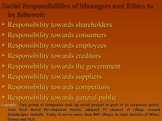 Social Responsibilities of Managers and Ethics toSocial Responsibilities of Managers and Ethics to
be followed:be followed:
 Responsibility towards shareholdersResponsibility towards shareholders
 Responsibility towards consumersResponsibility towards consumers
 Responsibility towards employeesResponsibility towards employees
 Responsibility towards creditorsResponsibility towards creditors
 Responsibility towards the governmentResponsibility towards the government
 Responsibility towards suppliersResponsibility towards suppliers
 Responsibility towards competitorsResponsibility towards competitors
 Responsibility towards general publicResponsibility towards general public
Example:Example: Tata group of companies took up social project as part of its corporate policy.Tata group of companies took up social project as part of its corporate policy.
Tata Steel Rural Development Society adopted 32 clusters of village aroundTata Steel Rural Development Society adopted 32 clusters of village around
Jamshedpur initially. Today it serves more than 800 villages in eight districts of Bihar,Jamshedpur initially. Today it serves more than 800 villages in eight districts of Bihar,
Orissa and M.P.Orissa and M.P.
 