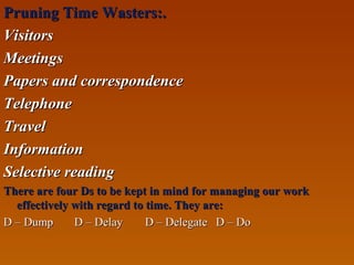 Pruning Time Wasters:.Pruning Time Wasters:.
VisitorsVisitors
MeetingsMeetings
Papers and correspondencePapers and correspondence
TelephoneTelephone
TravelTravel
InformationInformation
Selective readingSelective reading
There are four Ds to be kept in mind for managing our workThere are four Ds to be kept in mind for managing our work
effectively with regard to time. They are:effectively with regard to time. They are:
D – DumpD – Dump D – DelayD – Delay D – DelegateD – Delegate D – DoD – Do
 
