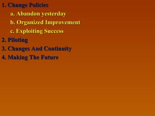 1. Change Policies1. Change Policies
a. Abandon yesterdaya. Abandon yesterday
b. Organized Improvementb. Organized Improvement
c. Exploiting Successc. Exploiting Success
2. Piloting2. Piloting
3. Changes And Continuity3. Changes And Continuity
4. Making The Future4. Making The Future
 