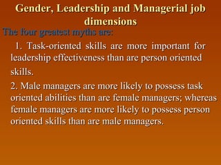Gender, Leadership and Managerial jobGender, Leadership and Managerial job
dimensionsdimensions
The four greatest myths are:The four greatest myths are:
1. Task-oriented skills are more important for1. Task-oriented skills are more important for
leadership effectiveness than are person orientedleadership effectiveness than are person oriented
skills.skills.
2. Male managers are more likely to possess task2. Male managers are more likely to possess task
oriented abilities than are female managers; whereasoriented abilities than are female managers; whereas
female managers are more likely to possess personfemale managers are more likely to possess person
oriented skills than are male managers.oriented skills than are male managers.
 