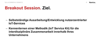 Namics.4WILLKOMMEN & NAMICS.
Breakout Session. Ziel.
 Selbstständige Ausarbeitung/Entwicklung nutzerzentrierter
IoT-Services
 Kennenlernen einer Methodik (IoT Service Kit) für die
interdisziplinäre Zusammenarbeit innerhalb Ihres
Unternehmens
 