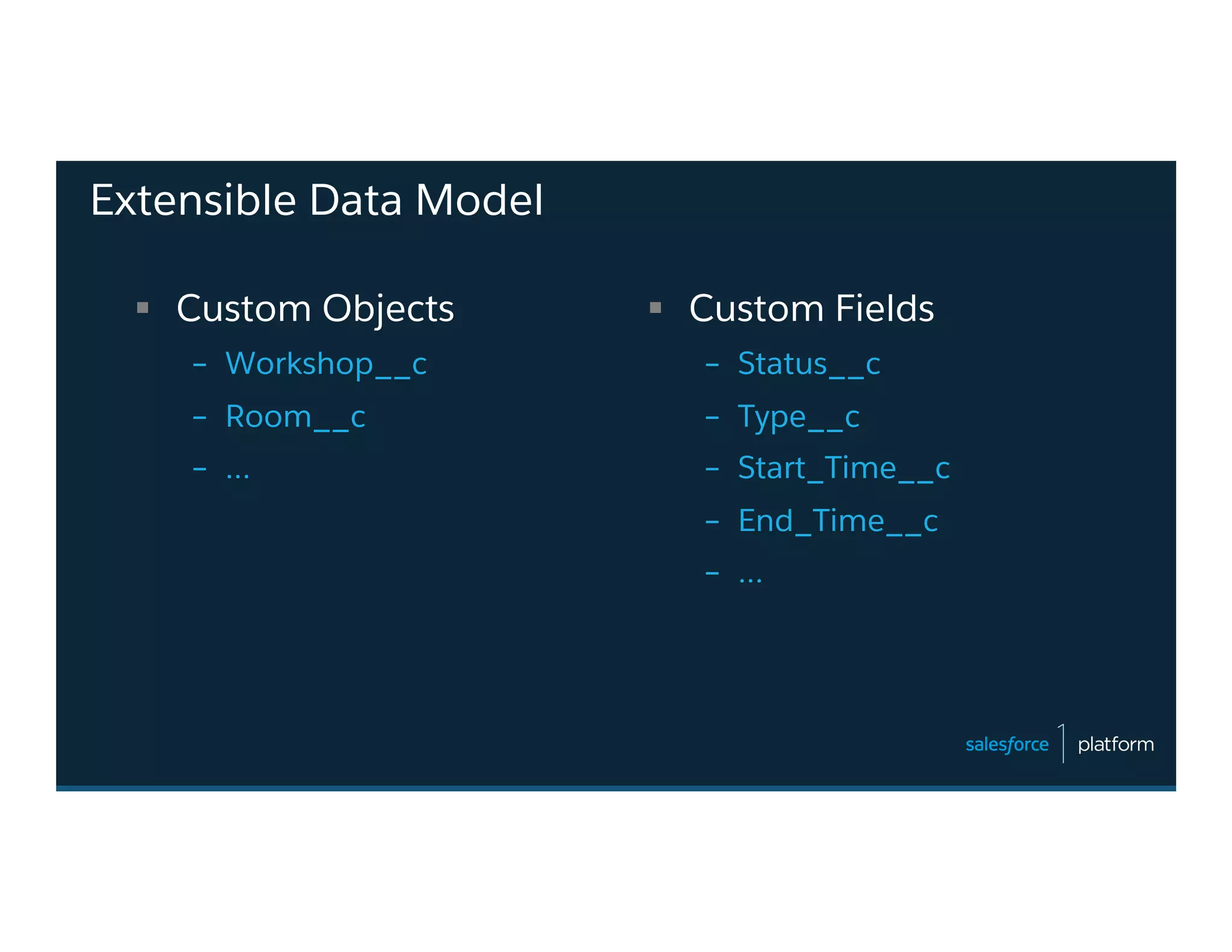 Extensible Data Model
§  Custom Objects
–  Workshop__c
–  Room__c
–  …
§  Custom Fields
–  Status__c
–  Type__c
–  Start_Time__c
–  End_Time__c
–  …
 