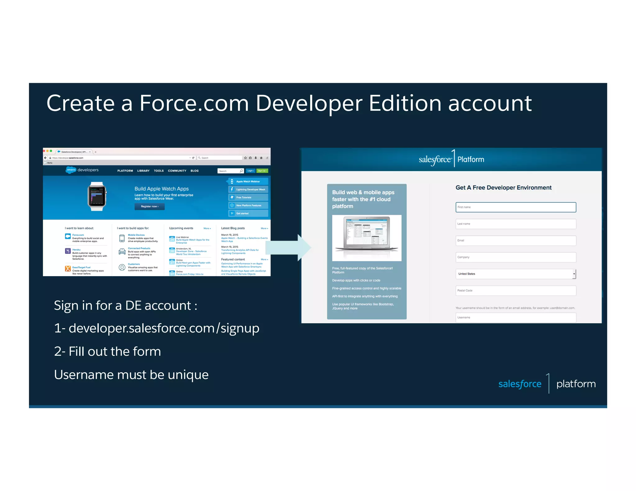Sign in for a DE account :
1- developer.salesforce.com/signup
2- Fill out the form
Username must be unique
Create a Force.com Developer Edition account
 