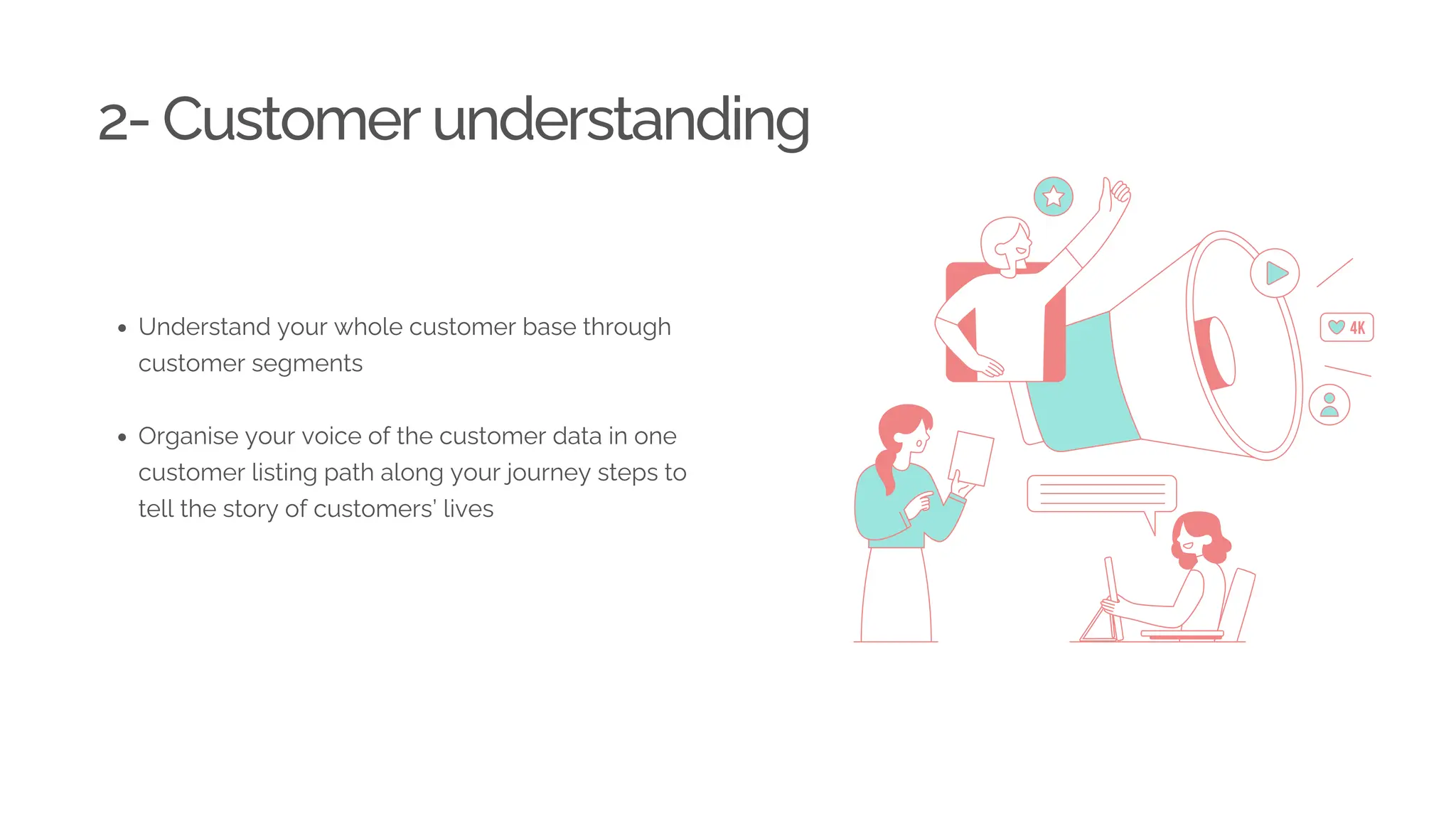 2- Customer understanding
Understand your whole customer base through
customer segments
Organise your voice of the customer data in one
customer listing path along your journey steps to
tell the story of customers’ lives
 