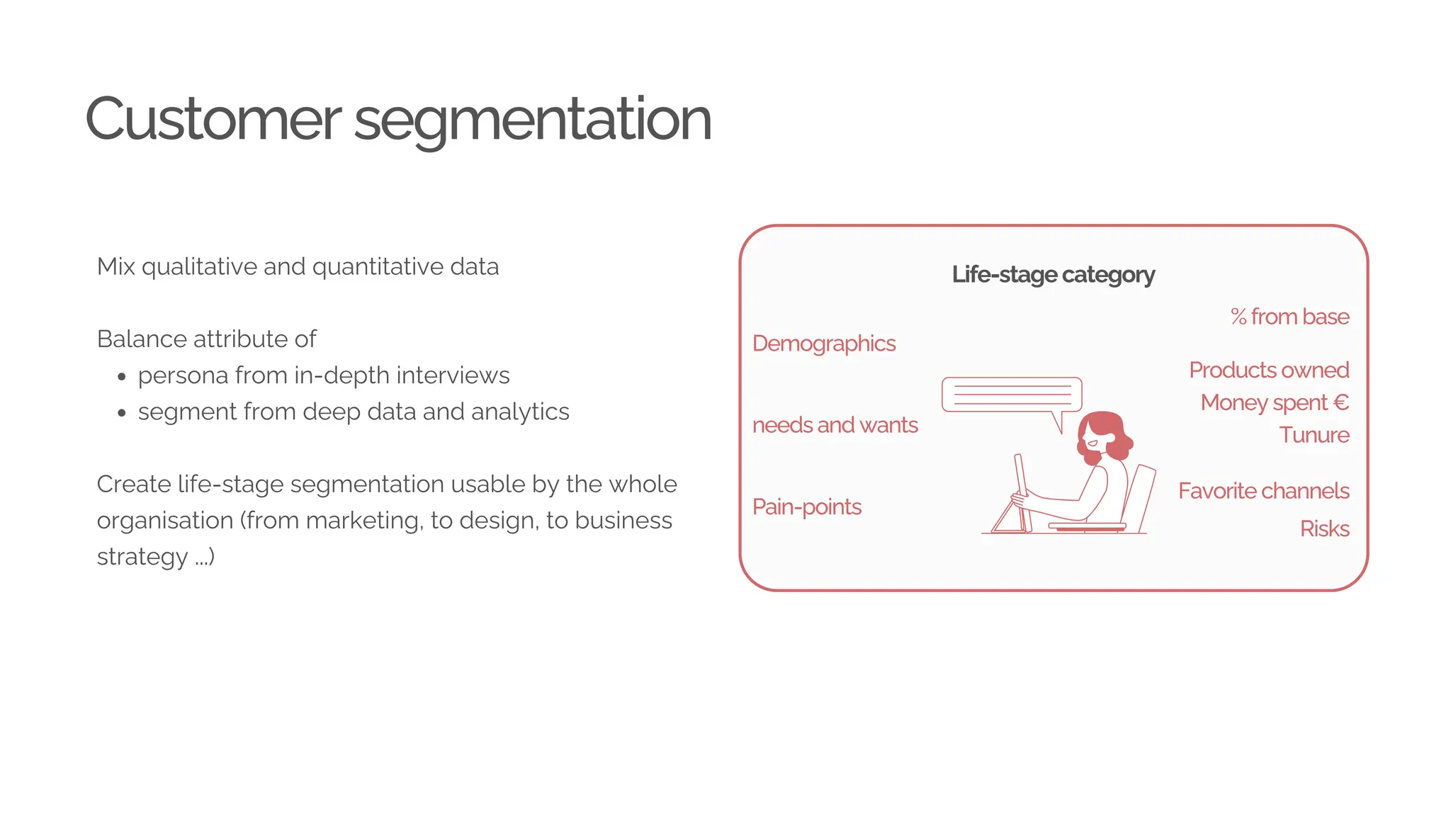 Customer segmentation
Mix qualitative and quantitative data
Balance attribute of
persona from in-depth interviews
segment from deep data and analytics
Create life-stage segmentation usable by the whole
organisation (from marketing, to design, to business
strategy ...)
Life-stagecategory
needs and wants
Pain-points
Products owned
Money spent €
% from base
Tunure
Favorite channels
Risks
Demographics
 
