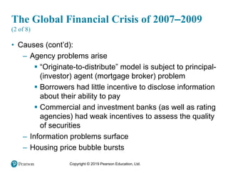 Copyright © 2019 Pearson Education, Ltd.
The Global Financial Crisis of 2007–2009
(2 of 8)
• Causes (cont’d):
– Agency problems arise
 “Originate-to-distribute” model is subject to principal-
(investor) agent (mortgage broker) problem
 Borrowers had little incentive to disclose information
about their ability to pay
 Commercial and investment banks (as well as rating
agencies) had weak incentives to assess the quality
of securities
– Information problems surface
– Housing price bubble bursts
 