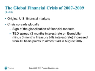 Copyright © 2019 Pearson Education, Ltd.
The Global Financial Crisis of 2007–2009
(4 of 8)
• Origins: U.S. financial markets
• Crisis spreads globally
– Sign of the globalization of financial markets
– TED spread (3 months interest rate on Eurodollar
minus 3 months Treasury bills interest rate) increased
from 40 basis points to almost 240 in August 2007.
 