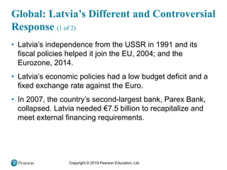Copyright © 2019 Pearson Education, Ltd.
Global: Latvia’s Different and Controversial
Response (1 of 2)
• Latvia’s independence from the USSR in 1991 and its
fiscal policies helped it join the EU, 2004; and the
Eurozone, 2014.
• Latvia’s economic policies had a low budget deficit and a
fixed exchange rate against the Euro.
• In 2007, the country’s second-largest bank, Parex Bank,
collapsed. Latvia needed €7.5 billion to recapitalize and
meet external financing requirements.
 