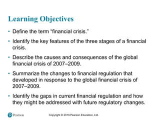 Copyright © 2019 Pearson Education, Ltd.
Learning Objectives
• Define the term “financial crisis.”
• Identify the key features of the three stages of a financial
crisis.
• Describe the causes and consequences of the global
financial crisis of 2007–2009.
• Summarize the changes to financial regulation that
developed in response to the global financial crisis of
2007–2009.
• Identify the gaps in current financial regulation and how
they might be addressed with future regulatory changes.
 