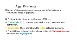 Algal Pigments
Colour of algaes varies due to presence of definite chemical
compounds called as pigments.
 Photosynthetic pigments in algae are of 3kinds,
 Chlorophyll- “a” is common, whereas b, c and d have restricted
distribution.
 Carotenoids -These are fat soluble yellow coloured pigments.
 Phycobilins or biliproteins- include red coloured Phycoerythrins and
blue coloured phycocyanins.
 