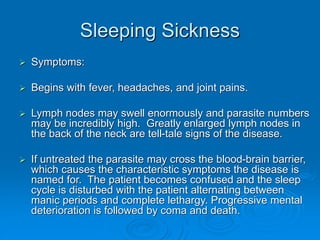 Sleeping Sickness
 Symptoms:
 Begins with fever, headaches, and joint pains.
 Lymph nodes may swell enormously and parasite numbers
may be incredibly high. Greatly enlarged lymph nodes in
the back of the neck are tell-tale signs of the disease.
 If untreated the parasite may cross the blood-brain barrier,
which causes the characteristic symptoms the disease is
named for. The patient becomes confused and the sleep
cycle is disturbed with the patient alternating between
manic periods and complete lethargy. Progressive mental
deterioration is followed by coma and death.
 