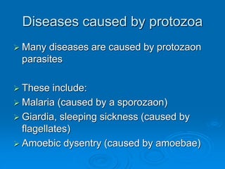 Diseases caused by protozoa
 Many diseases are caused by protozaon
parasites
 These include:
 Malaria (caused by a sporozaon)
 Giardia, sleeping sickness (caused by
flagellates)
 Amoebic dysentry (caused by amoebae)
 