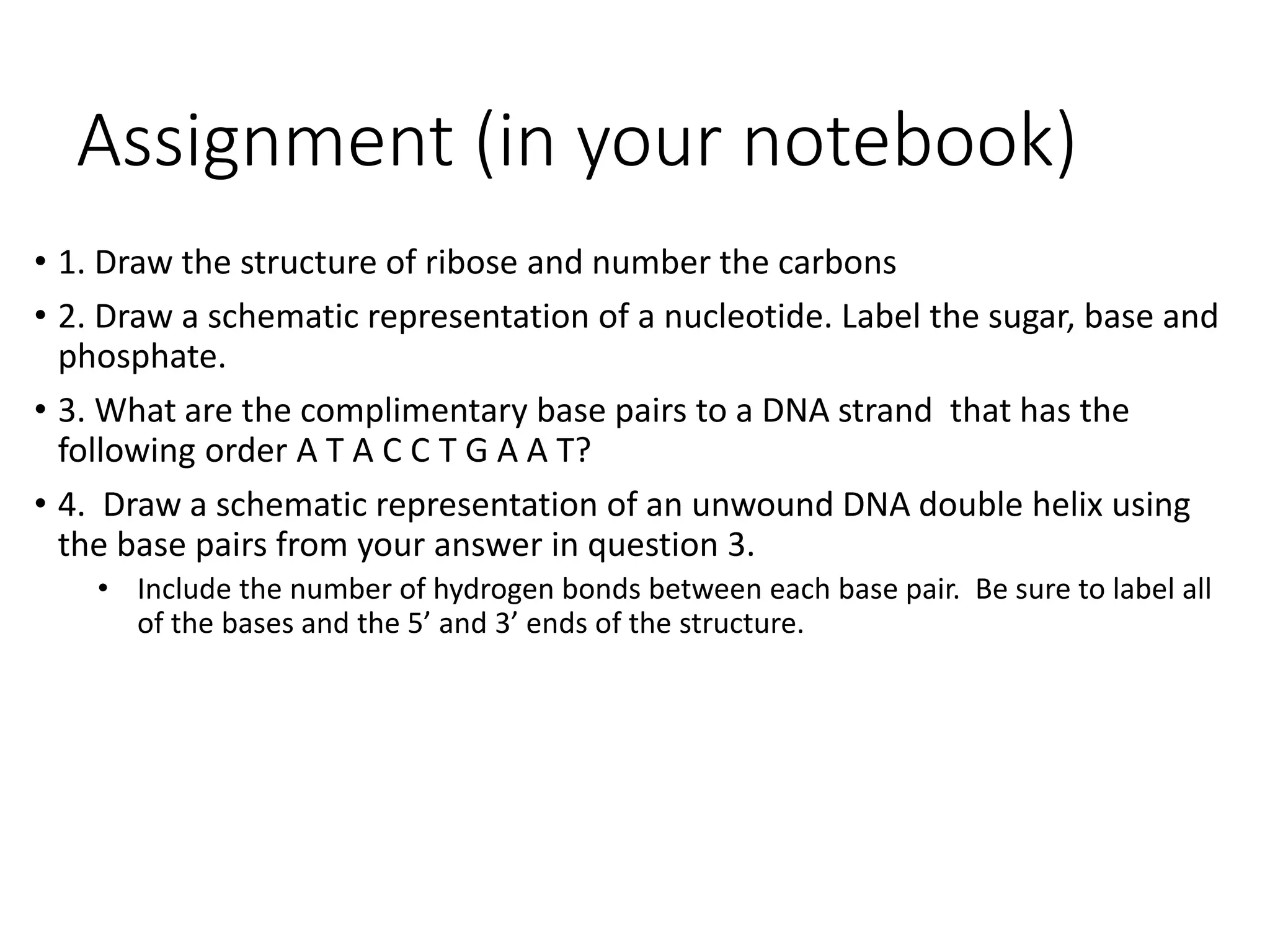 Assignment (in your notebook)
• 1. Draw the structure of ribose and number the carbons
• 2. Draw a schematic representation of a nucleotide. Label the sugar, base and
phosphate.
• 3. What are the complimentary base pairs to a DNA strand that has the
following order A T A C C T G A A T?
• 4. Draw a schematic representation of an unwound DNA double helix using
the base pairs from your answer in question 3.
• Include the number of hydrogen bonds between each base pair. Be sure to label all
of the bases and the 5’ and 3’ ends of the structure.
 