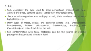D. Soil
 Soil, especially the type used to grow agricultural produce and raise
animals and birds, contains several varieties of microorganisms.
 Because microorganisms can multiply in soil, their numbers can be very
high (billions/g).
 Many types of molds, yeasts, and bacterial genera (e.g., Enterobacter,
Pseudomonas, Proteus, Micrococcus, Enterococcus, Bacillus, and
Clostridium) can enter foods from the soil.
 Soil contaminated with fecal materials can be the source of enteric
pathogenic bacteria and viruses in food.
 