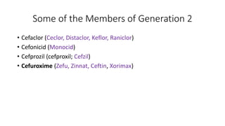 Some of the Members of Generation 2
• Cefaclor (Ceclor, Distaclor, Keflor, Raniclor)
• Cefonicid (Monocid)
• Cefprozil (cefproxil; Cefzil)
• Cefuroxime (Zefu, Zinnat, Ceftin, Xorimax)
 