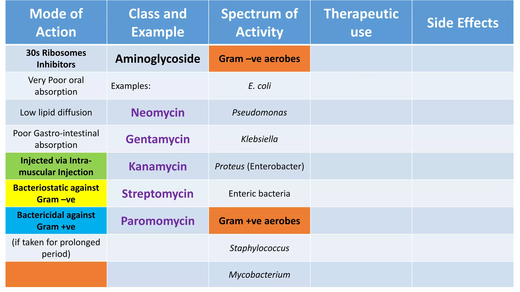Mode of
Action
Class and
Example
Spectrum of
Activity
Therapeutic
use
Side Effects
30s Ribosomes
Inhibitors Aminoglycoside Gram –ve aerobes
Very Poor oral
absorption
Examples: E. coli
Low lipid diffusion Neomycin Pseudomonas
Poor Gastro-intestinal
absorption Gentamycin Klebsiella
Injected via Intra-
muscular Injection Kanamycin Proteus (Enterobacter)
Bacteriostatic against
Gram –ve Streptomycin Enteric bacteria
Bactericidal against
Gram +ve Paromomycin Gram +ve aerobes
(if taken for prolonged
period)
Staphylococcus
Mycobacterium
 