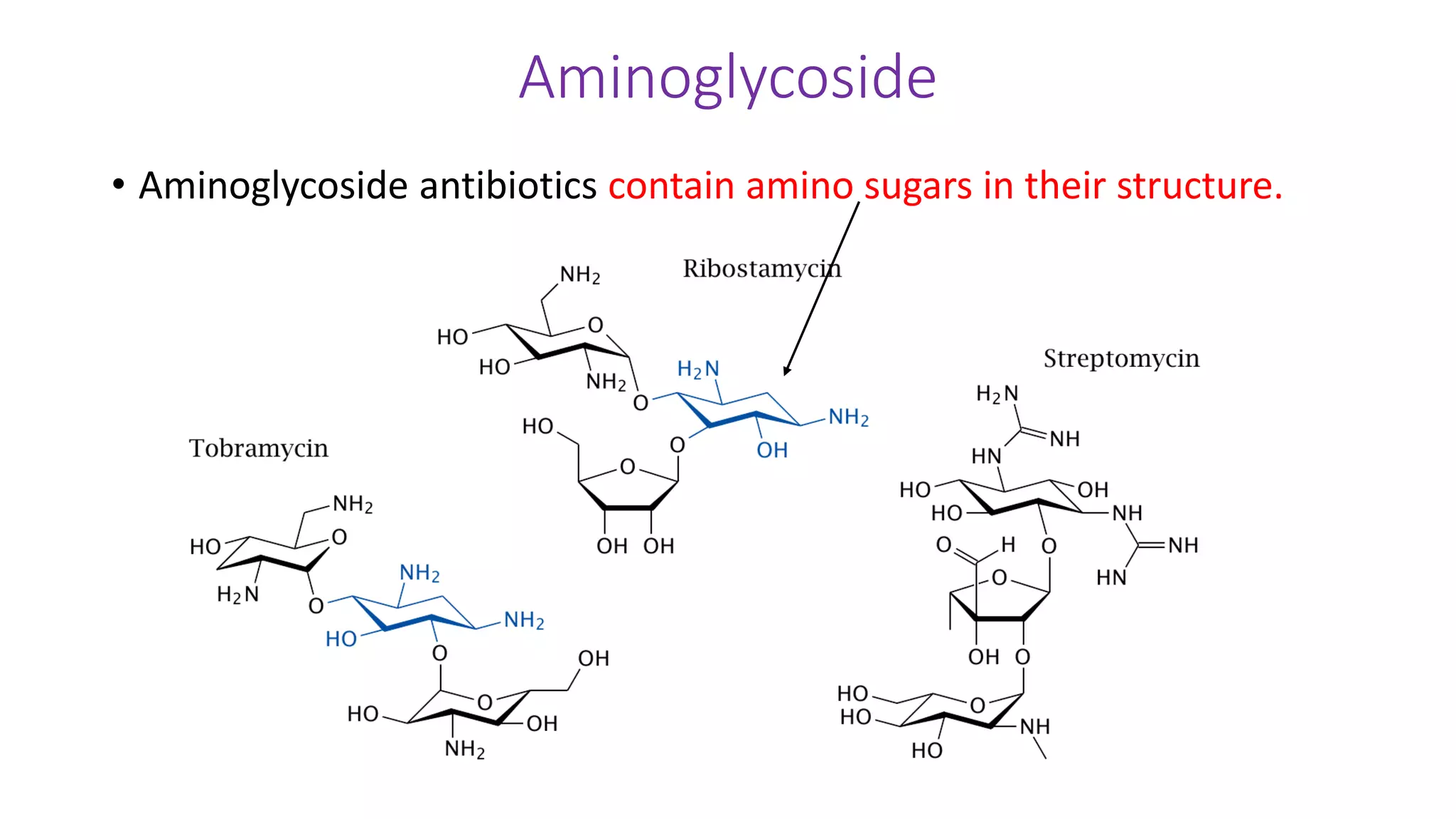 Aminoglycoside
• Aminoglycoside antibiotics contain amino sugars in their structure.
 