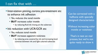 I can fix that with …
 Inter-station pinning, corona pre-treatment etc
to enhance ink adhesion
• Yes, reduces the tonal mottle
• BUT increases color mottle
• by reducing fluid ink mixing on the substrate
 Ink reduction with UCR/GCR etc
• Yes, reduces tonal mottle
• BUT increases apparent noisiness
• by reducing area covered by ink and increasing local
contrast between ink and light colored substrate
Can be corrected with a
halftone with specially
designed characteristics
Without increasing color
mottle or noisiness
That’s in test on real
presses, but we’re not
quite ready to show it
 