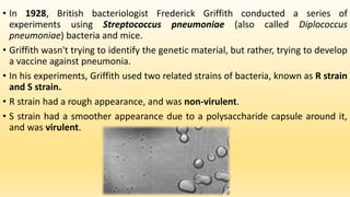 • In 1928, British bacteriologist Frederick Griffith conducted a series of
experiments using Streptococcus pneumoniae (also called Diplococcus
pneumoniae) bacteria and mice.
• Griffith wasn't trying to identify the genetic material, but rather, trying to develop
a vaccine against pneumonia.
• In his experiments, Griffith used two related strains of bacteria, known as R strain
and S strain.
• R strain had a rough appearance, and was non-virulent.
• S strain had a smoother appearance due to a polysaccharide capsule around it,
and was virulent.
 
