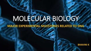 MOLECULAR BIOLOGY
MAJOR EXPERIMENTAL MILESTONES RELATED TO DNA
BHAVINI K
 