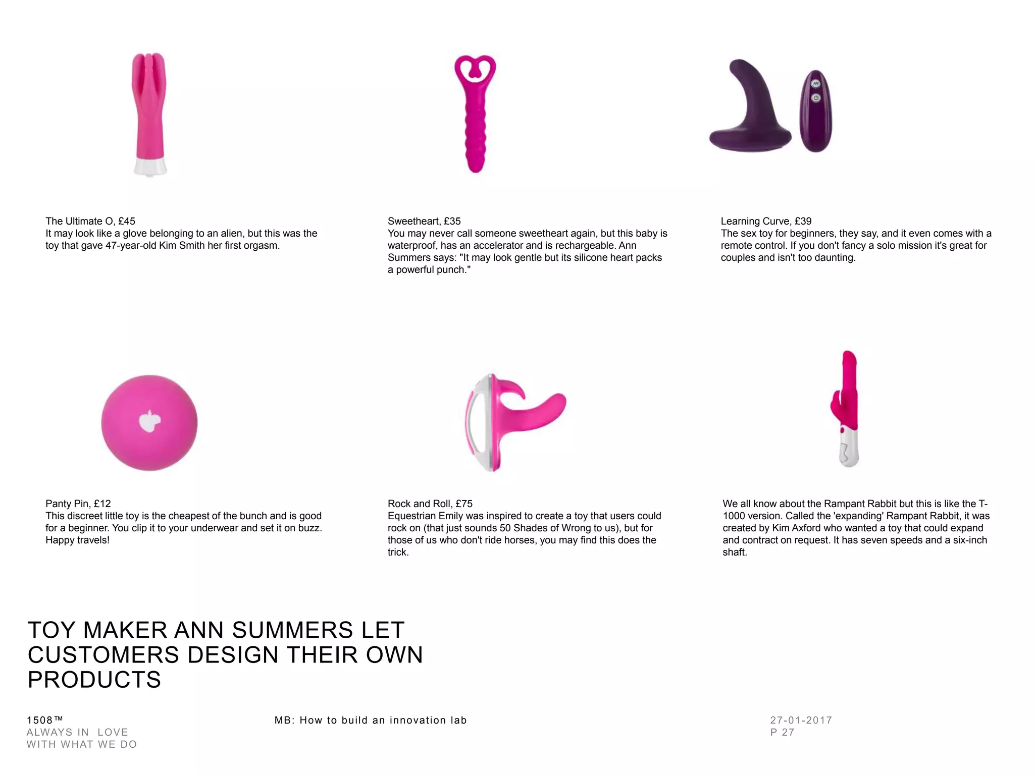 1508™ MB: How to build an innovation
lab
TOY MAKER ANN SUMMERS LET
CUSTOMERS DESIGN THEIR OWN
PRODUCTS
The Ultimate O, £45
It may look like a glove belonging to an
alien, but this was the toy that gave 47-year-
old Kim Smith her first orgasm.
Sweetheart, £35
You may never call someone sweetheart again,
but this baby is waterproof, has an
accelerator and is rechargeable. Ann Summers
says: "It may look gentle but its silicone
heart packs a powerful punch."
Learning Curve, £39
The sex toy for beginners, they say, and it
even comes with a remote control. If you don't
fancy a solo mission it's great for couples
and isn't too daunting.
Panty Pin, £12
This discreet little toy is the cheapest of
the bunch and is good for a beginner. You clip
it to your underwear and set it on buzz. Happy
travels!
Rock and Roll, £75
Equestrian Emily was inspired to create a toy
that users could rock on (that just sounds 50
Shades of Wrong to us), but for those of us
who don't ride horses, you may find this does
the trick.
We all know about the Rampant Rabbit but this
is like the T-1000 version. Called the
'expanding' Rampant Rabbit, it was created by
Kim Axford who wanted a toy that could expand
and contract on request. It has seven speeds
and a six-inch shaft.
 