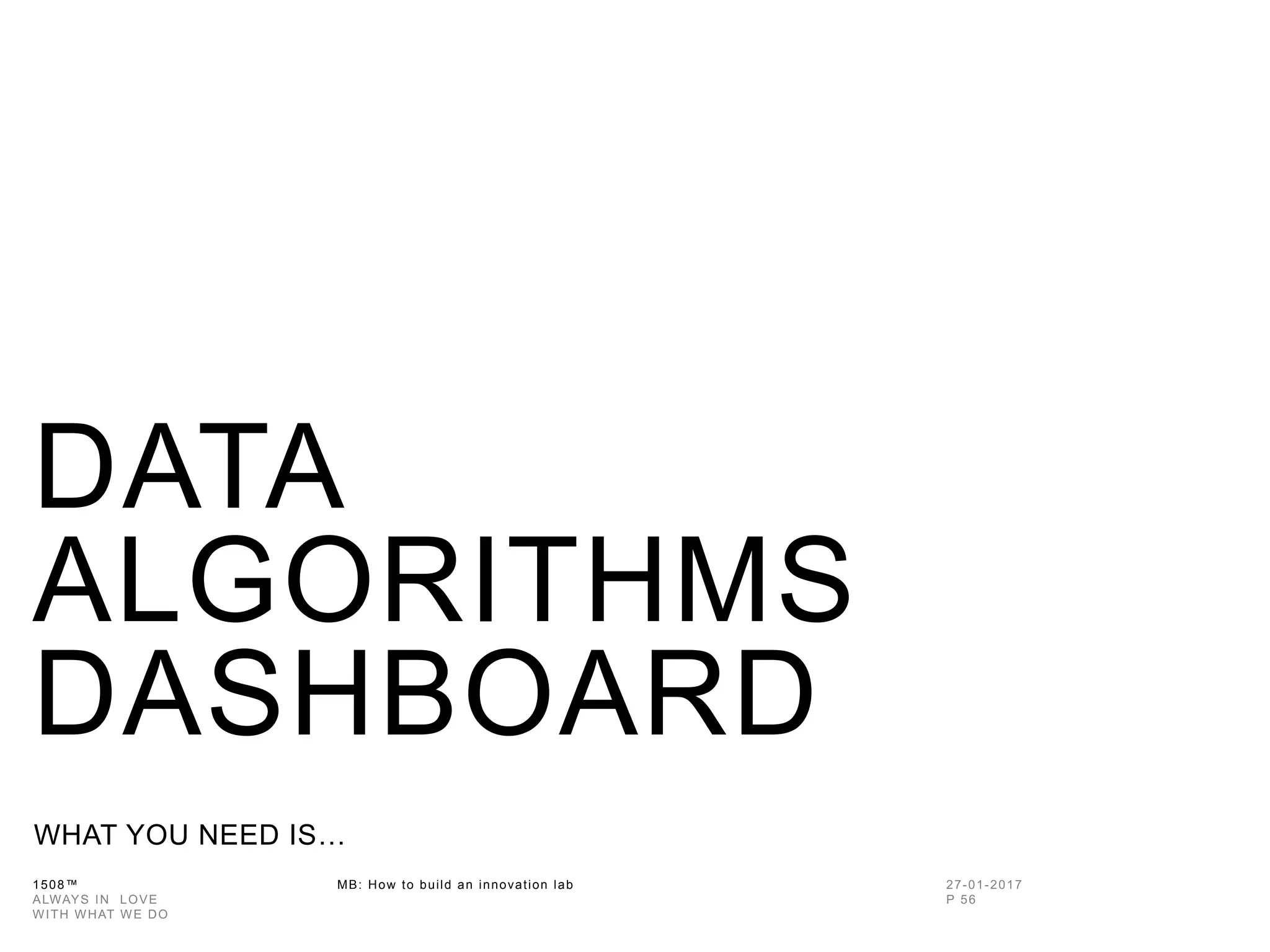 1508™ MB: How to build an innovation
lab
DATA
ALGORITHMS
DASHBOARD
WHAT YOU NEED IS…
 