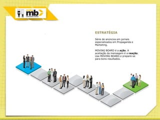 ESTRATÉGIA

Série de anúncios em jornais
especializados em Propaganda e
Marketing.

MOVING BOARD é a ação. A
aceitação da mensagem é a reação.
Use MOVING BOARD e prepare-se
para bons resultados.
 