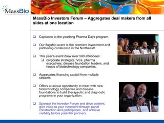 Pharma Days –  Concentrated and focused partnering with premiere biotech companies at your convenience One-on-one partnering with CEOs and heads of business development  in your therapeutic/diagnostic space.  Present your company’s sourcing strategy for new licenses and acquisitions to the biotechnology community.  Intimate and unhurried exchange of information.   Obviate the frenzy and “noise” of other major partnering conferences  Our staff will work with you to: identify, invite and follow up with the contacts you’d like to meet.  Reserve your Pharma Day today as slots are limited to 9 per year, and they are filling up rapidly! A one to two day unique partnering event that is all about your company and the visibility you get before 120+ of the most innovative biotechnology firms;  Best of all, Pharma Days is right here in Cambridge! No need to travel, take time out of your offices, or waste time trying to find a time to meet. MassCONNECT MassBio Innovation Exchange Pharma Days Investor Forum Innovators’ Roundtable 