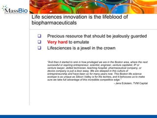 Pharma’s failure to innovate means biotech innovation must step up Pharma need products Increasingly, biotechs are the major source of new products Creating ever larger Big Pharma R&D organizations through mergers and acquisitions has failed to increase productivity and spur innovation In recent years,  over half of new product approvals  were for  compounds  derived  from biotech companies The traditional venture capital model is stressed: “… number of VCs doing the early and risky stuff is dwindling. We will probably see the number of start-ups in our space dive this year. … we simply have to find new and creative ways to keep early-stage VC alive, and to redefine roles and responsibilities among the inhabitants of the healthcare ecotope, or we will all perish together…”   Jens Eckstein, TVM Capital 