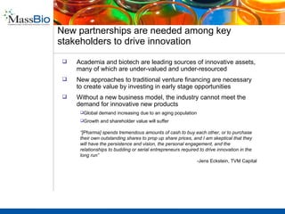 Life sciences innovation is the lifeblood of biopharmaceuticals Precious resource that should be jealously guarded Very hard  to emulate Lifesciences is a jewel in the crown Established “Specialty Clusters” Cluster Size Large Emerging Cluster Capability Small World-class SF MA SD Singapore India China United Kingdom Ireland Switzerland Philadelphia RTP Canada Madison DC / Baltimore Integrated Clusters Emerging Clusters Leading Integrated Clusters Lagging Integrated Clusters 