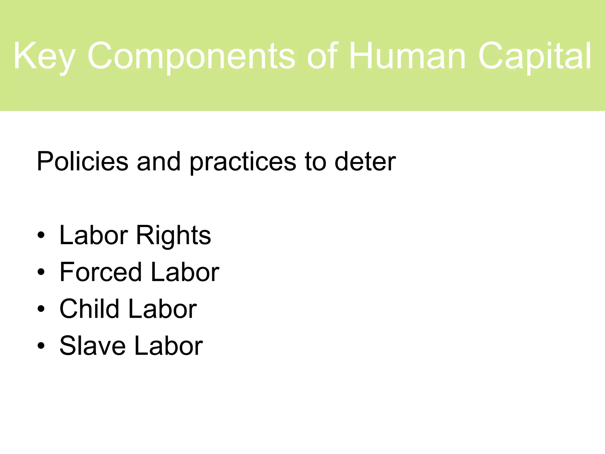 Key Components of Human Capital Policies and practices to deter Labor Rights Forced Labor Child Labor Slave Labor 
